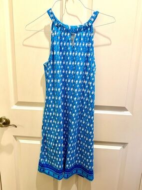 Cabana Life sleeveless shift dress in blue and white palm valley print, small.